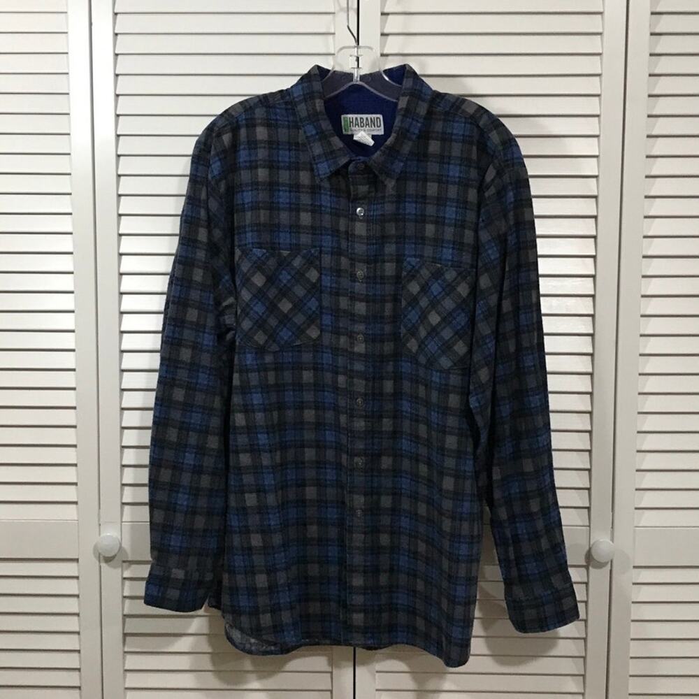 Haband Vintage 90s Y2K Blue Plaid Flannel Grunge Mens Shirt L